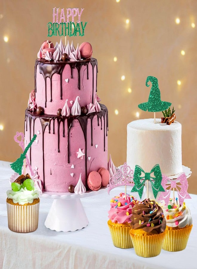 RANERVZ 48Pcs Witch Birthday Cupcake Toppers Pink and Green Witch Themed Cupcake Toppers Bow Crown Witch Hat Cupcake Picks Witch Birthday Party Cupcake Decorations - Image 5